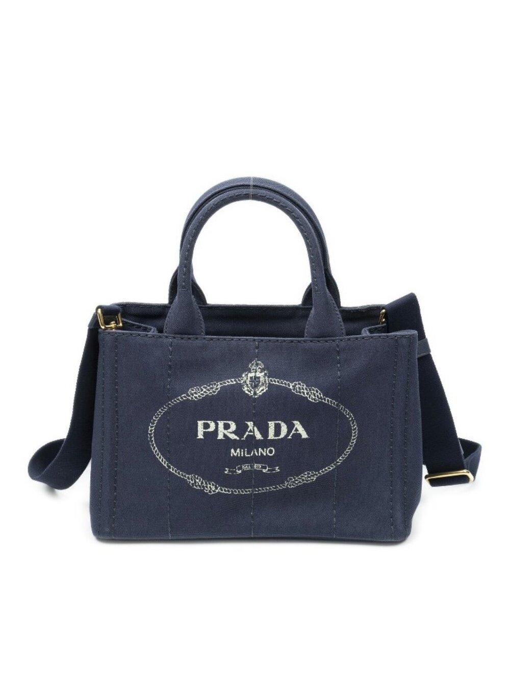 Prada Canapa Small Tote Bag Navy Blue Canvas